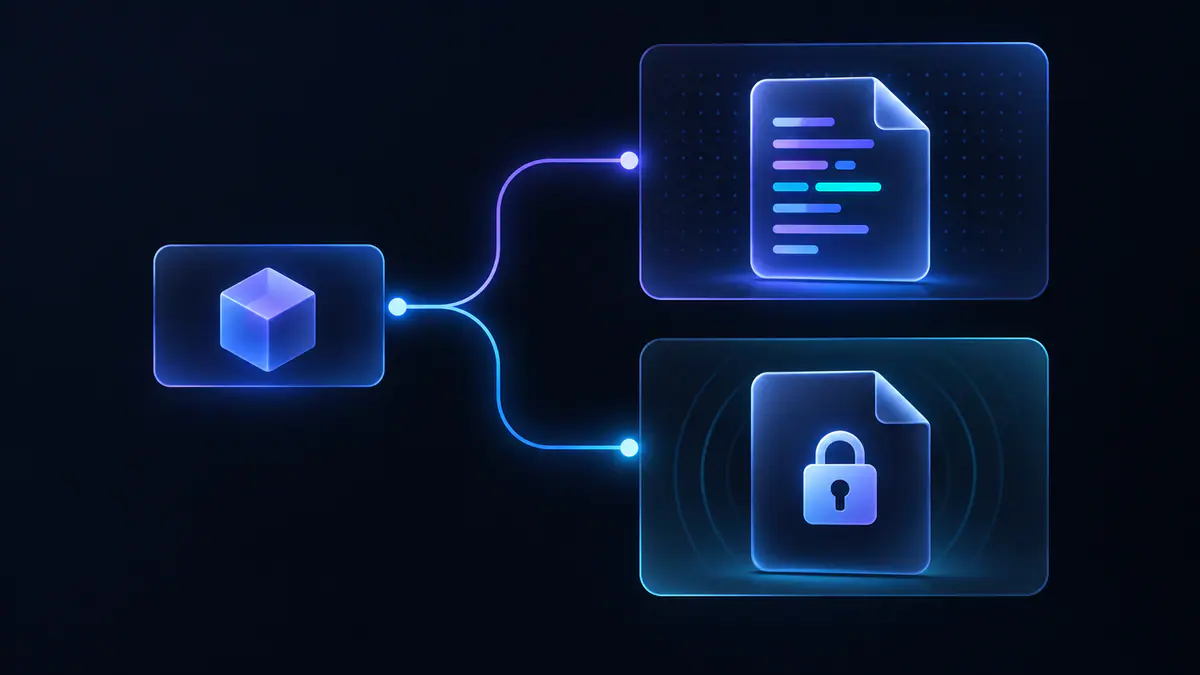 Illustration of one loader card branching toward separate readable and protected remote files